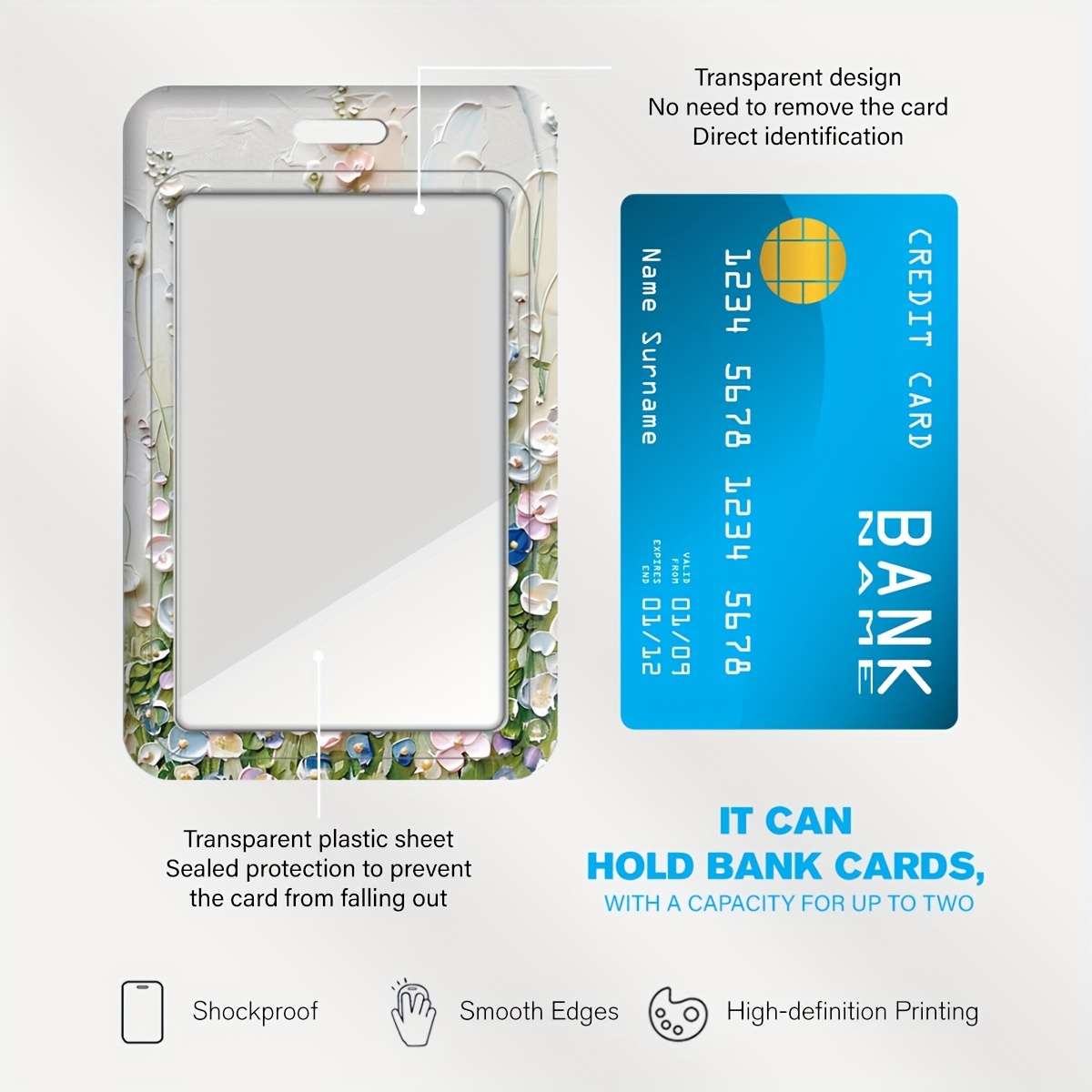 Jit Floral Badge Holder With Lanyard Dual Card Slot Transparent Plastic Protective Insert Sh