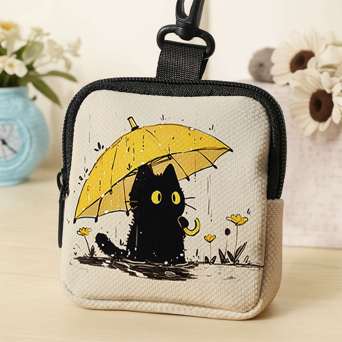 Durable Umbrella-Holding Black Cat Pattern Large Capacity Coin Purse Versatile Key Card Dat