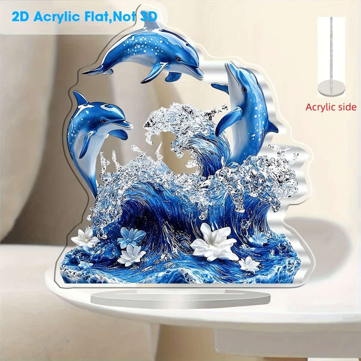 2D Flat Printing Blue Three Dolphins Acrylic Display Sign Cafe Bedroom Living Ro