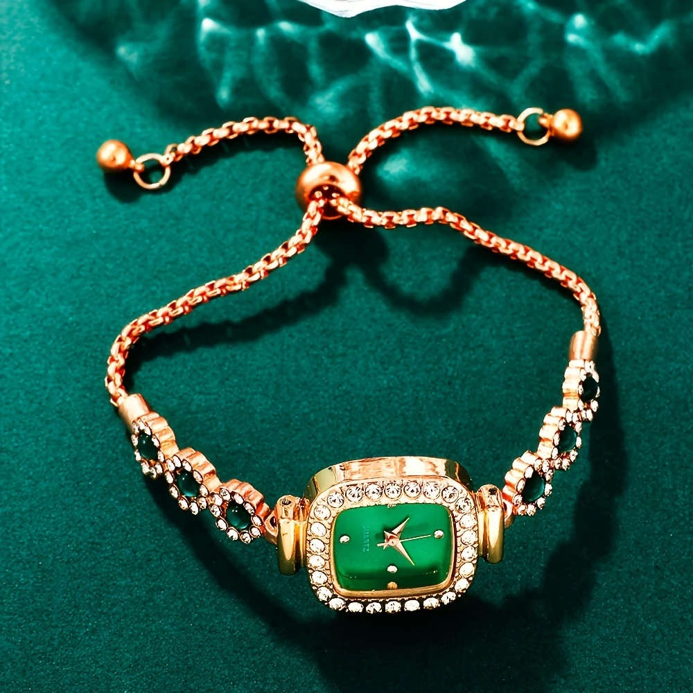 6pcs Set Elegant Women's Quartz Watch and Jewelry Set Luxurious Square Green Dial with Rhinestone Ac