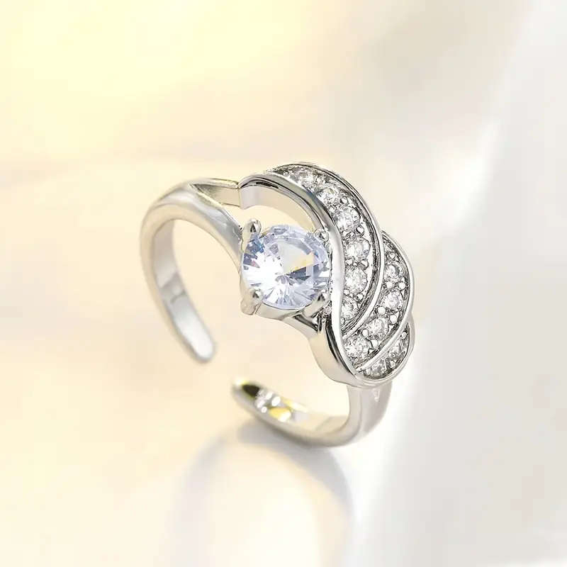 Wing shaped 925 Sterling Silver Plated Inlaid Synthetic Zirconia Ring with adjustable size