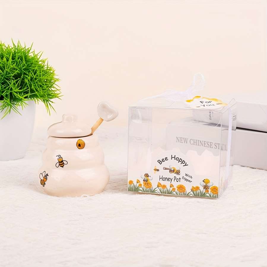 1pc Ceramic Bee Honey Pot with Handle Polished Metal Finish Square Pattern Creative Kitchen Spic