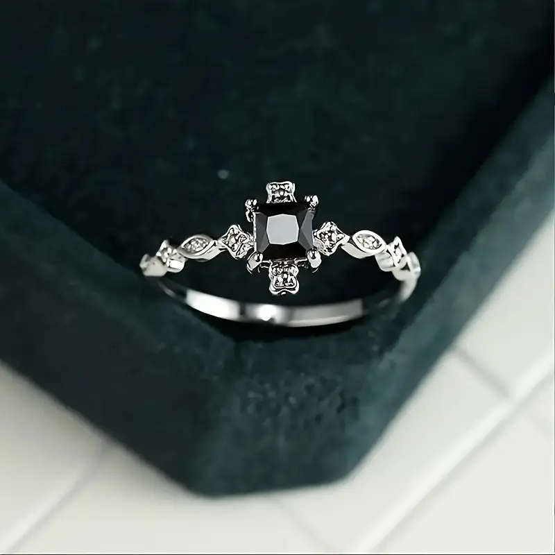 Vintage-Inspired Black Square Cubic Zirconia Ring