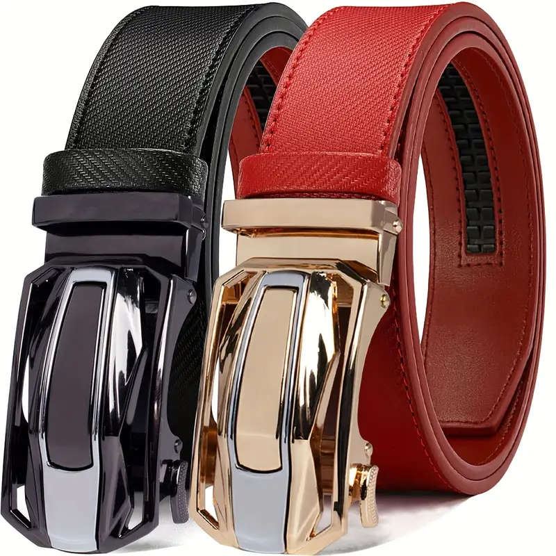 2 Men's Leather Automatic Buckle Belts Black+Blue 115CM