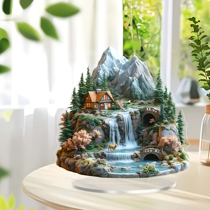 1pc 2D Flat  Decoration Charming Acrylic Mountain House Decoration with Waterfall and Forest La
