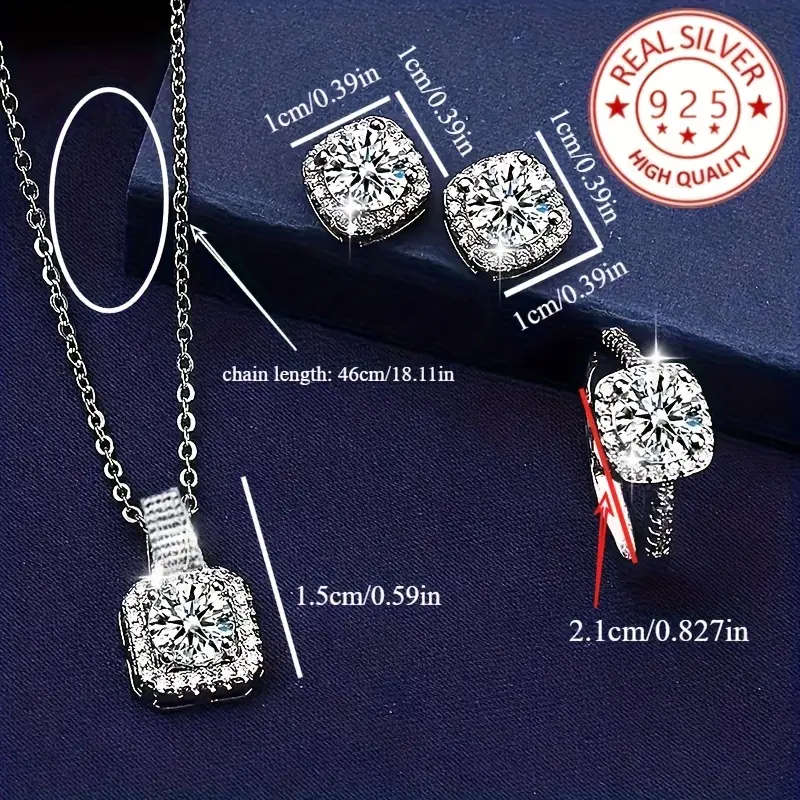 4 Piece Elegant 925 Silver Plated Pendant Necklace, Earrings and Rings Set