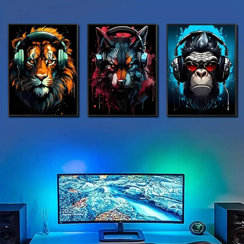 3 Piece/Set Unframed Modern E-sports style Wearing headphones Tiger Wolf Chimpanzee Painting