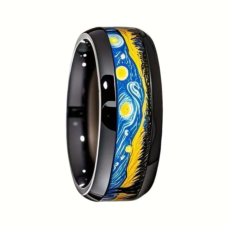 Men's 8mm Stainless Steel Ring with Van Gogh "Starry Night" Design Gunmetal Finish