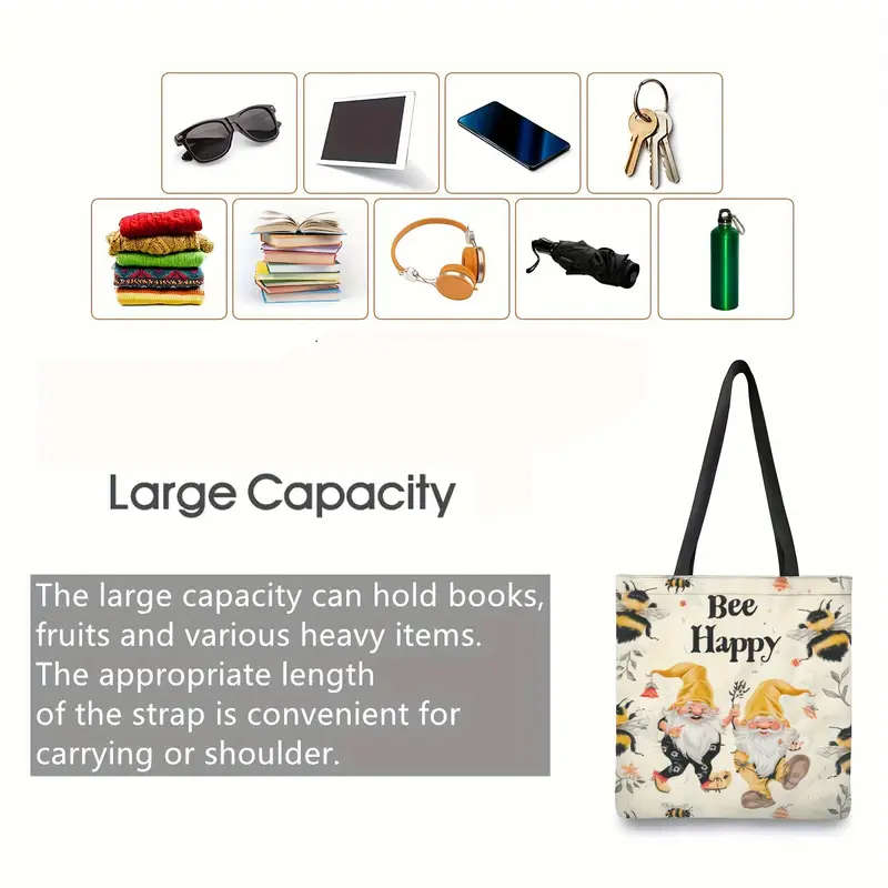 Bee Happy Canvas Tote Bag With Cute Gnome Design Large Capacity