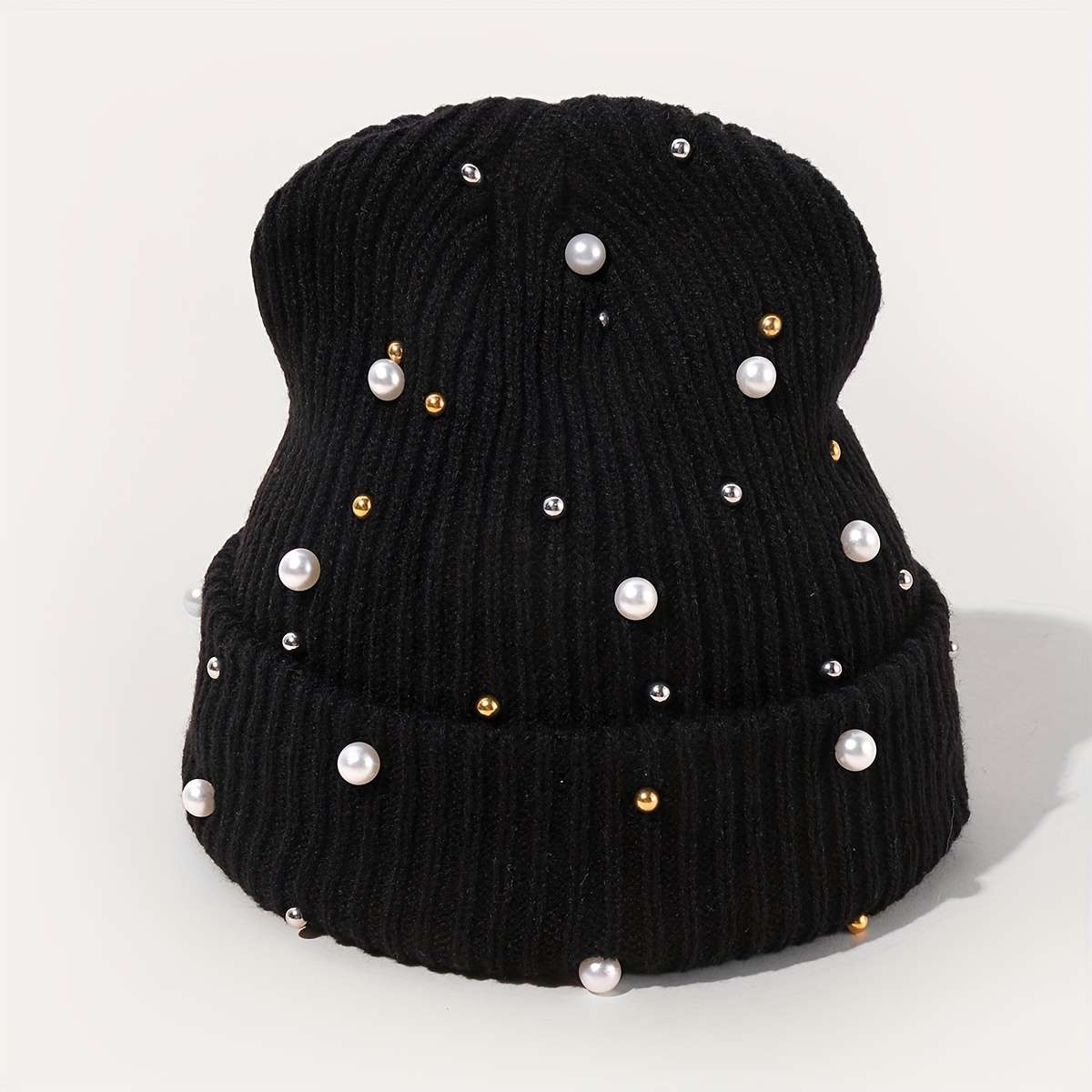 of Women'S Fashion Pearl Decorated Knitted Hat Without Brim Suitable for Autumn And Winter