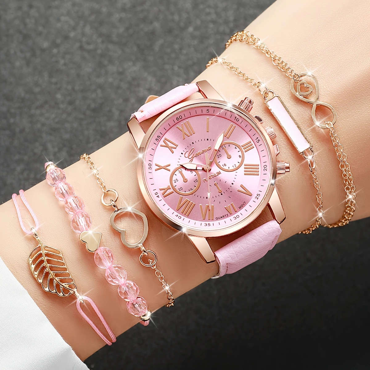 6pcs set Women's Fashion Casual Roman Scale Dial Quartz Watch Bracelet Set Does Not Include Watch Bo