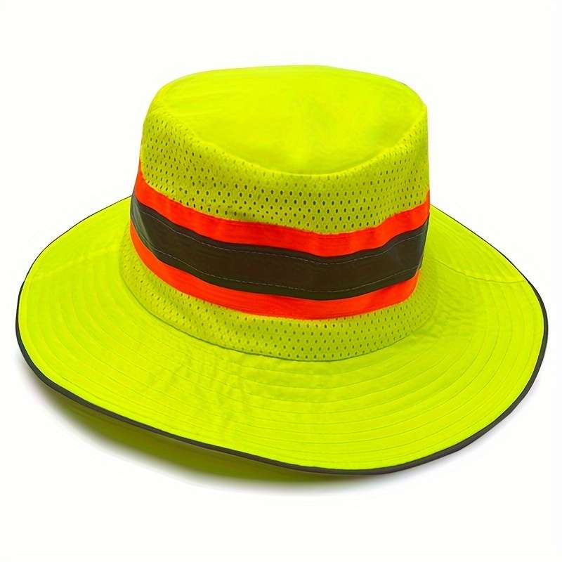 Fluorescent Mesh Bucket Hat With Reflective Strips Windproof Rope Protection Lightweight Su
