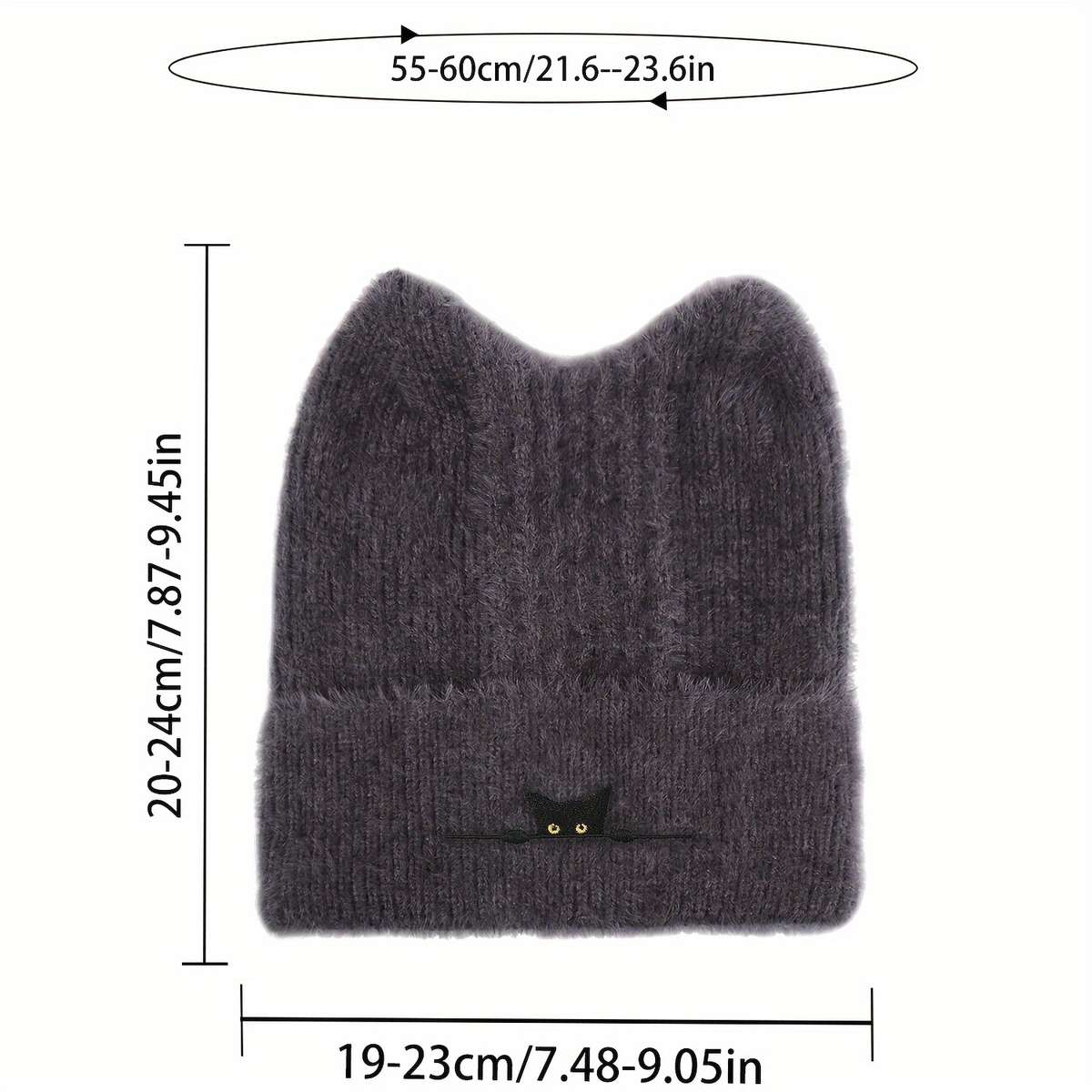 Cozy Black Cat Embroidered Knit Beanie Thick Plush Winter Hat with Ear Covers Breathable St