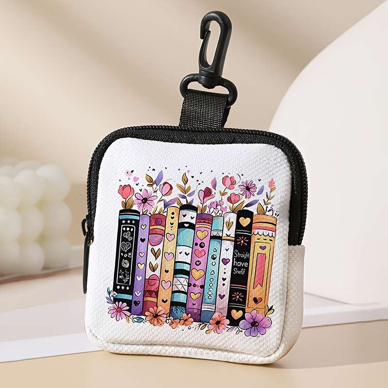 Flower And Book Pattern Printed Coin Purse With Buckle And Zipper Pockets Multifunctional