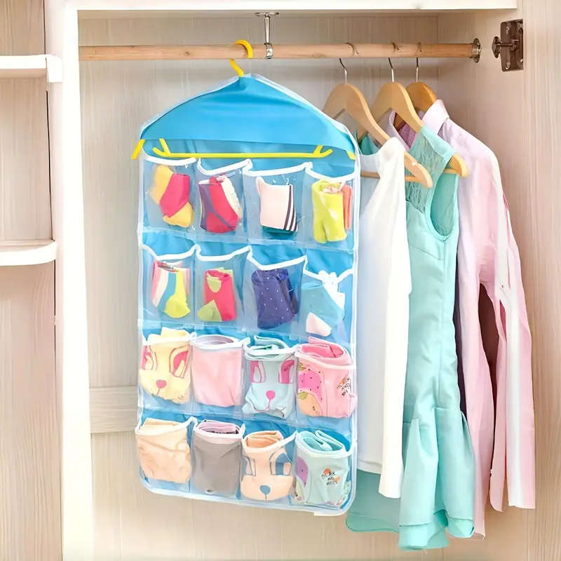 1pc Colorful 16-Pocket Hanging Storage Organizer for Socks Underwear Small Items Transparent Mesh De