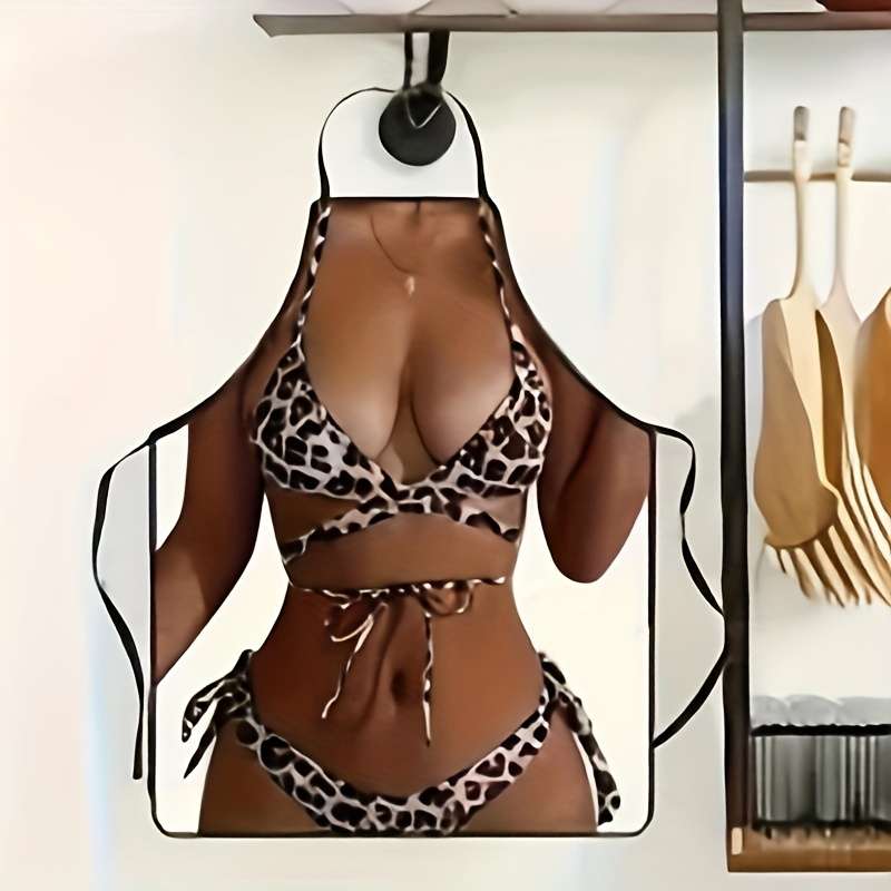 1pc Chic Leopard Print Bikini-Style Women's Apron Durable Polyester Perfect for Cooking Partie