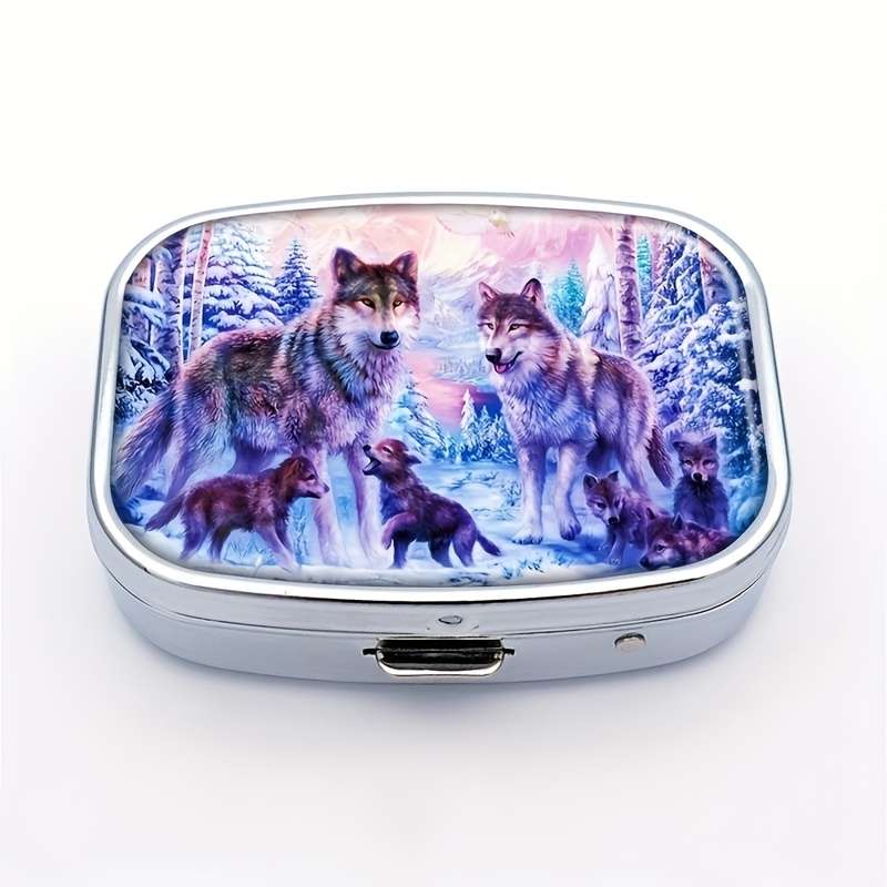 Wolf Family Themed Mini Pill Box Double Compartment Design Portable Travel Pill Storage B