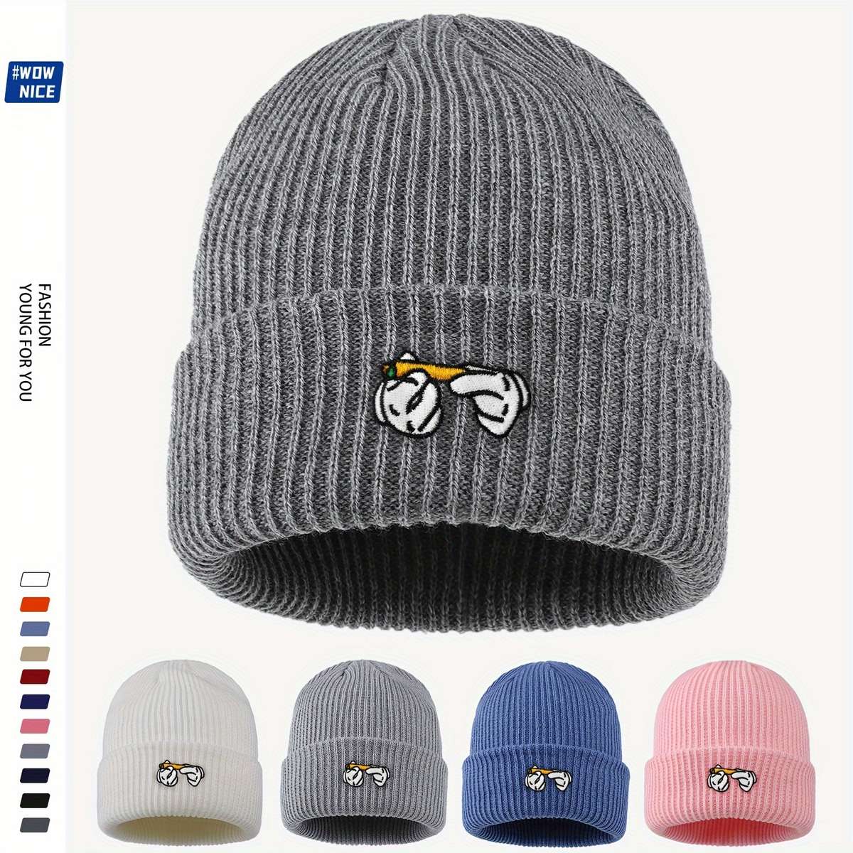 Rendy Leaf Embroidered Acrylic Beanie Unisex Cartoon Cigarette Design Knit Skull Cap Lightwei