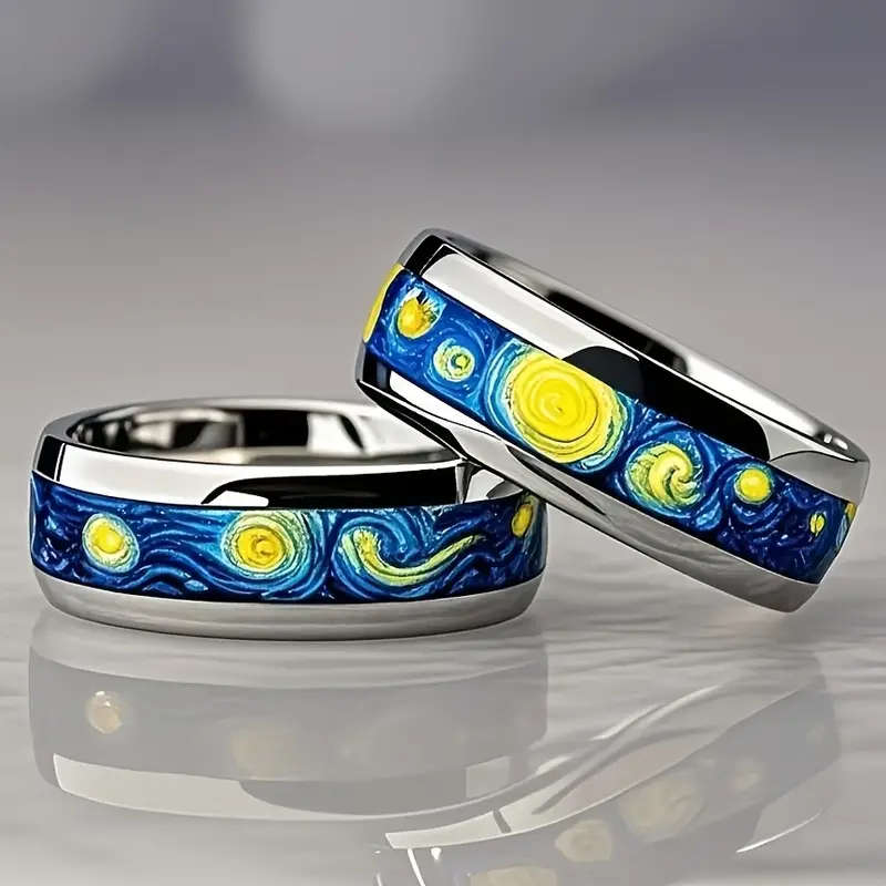 Van Gogh Starry Night Inspired 304 Stainless Steel Ring for Men - 8mm