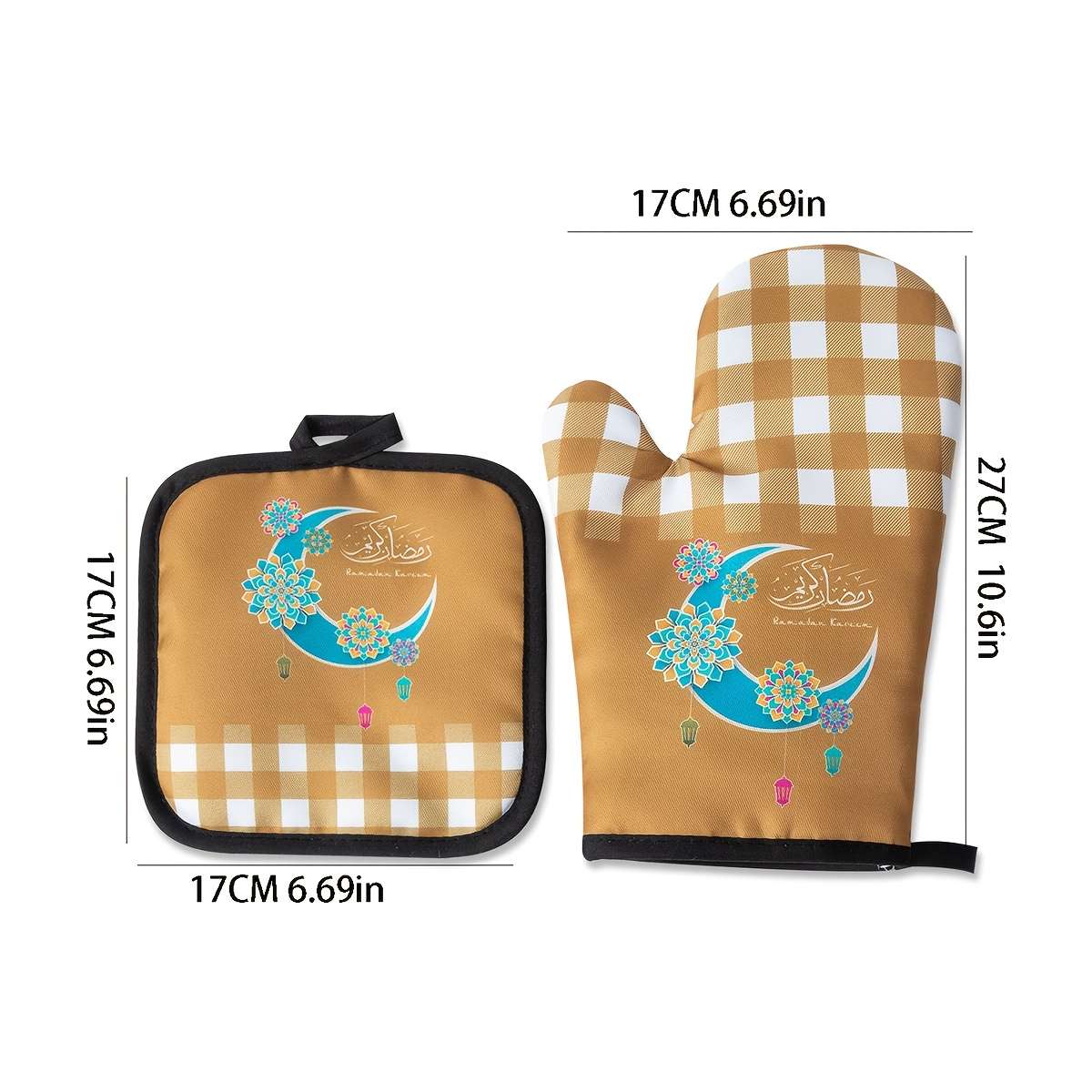 2pcs Ramadan Themed Oven Mitts Set Polyester 100% Heat Resistant Kitchen Baking Gloves and Pot