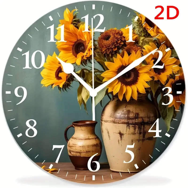 1pc 2D Round Wall Clock Design Wood Sign Vintage Sunflower Yellow Flower Floral Print Print Wall Clo