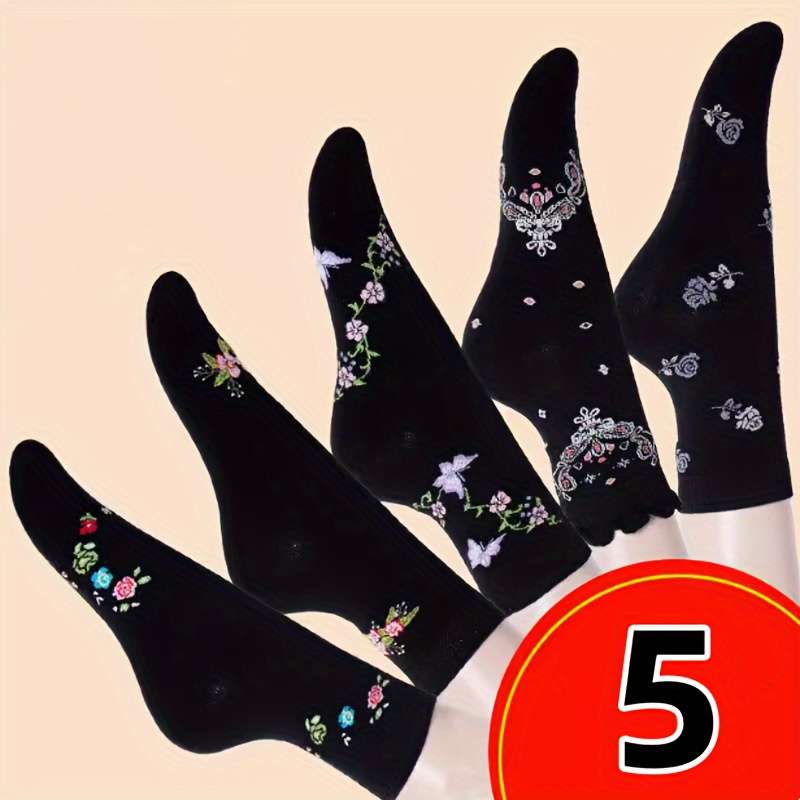 5 Pairs Black Series Flowers One Size High Elastic Socks