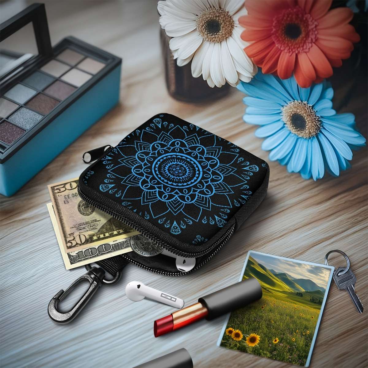 Mandala Flower Coin Purse With Hook Stylish Polyester Earphone Key Organizer Zippered Trav