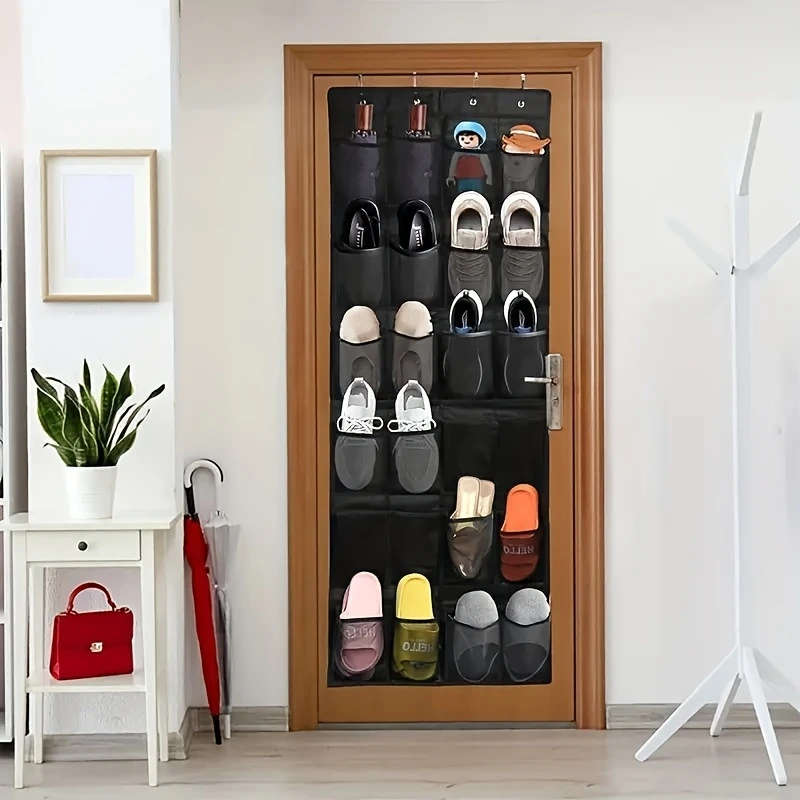 24Pocket Over-The-Door Shoe Organizer Durable Plastic Hanging Shoe Rack With Large Mesh Pockets