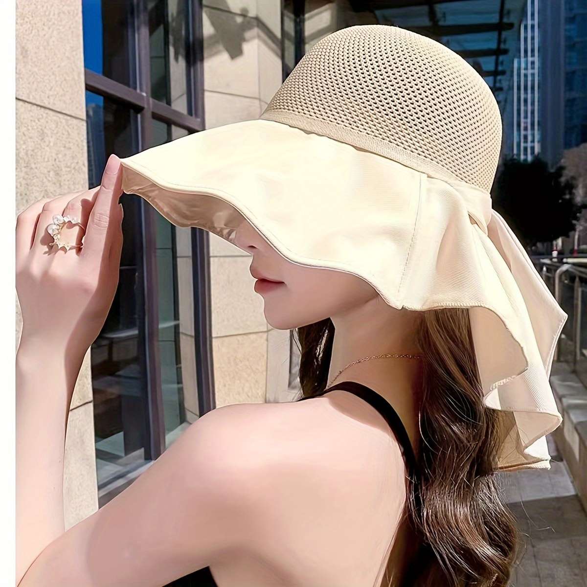 Women'S Breathable Polyester Sun Hat With Drawstring 100% Woven Bucket Hat With Detachable Pro