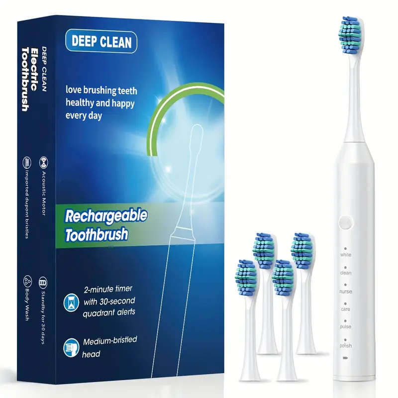1set Automatic Rechargeable Electric Toothbrush for Adults 4 Brushes  6 Cleaning Modes 500mAh