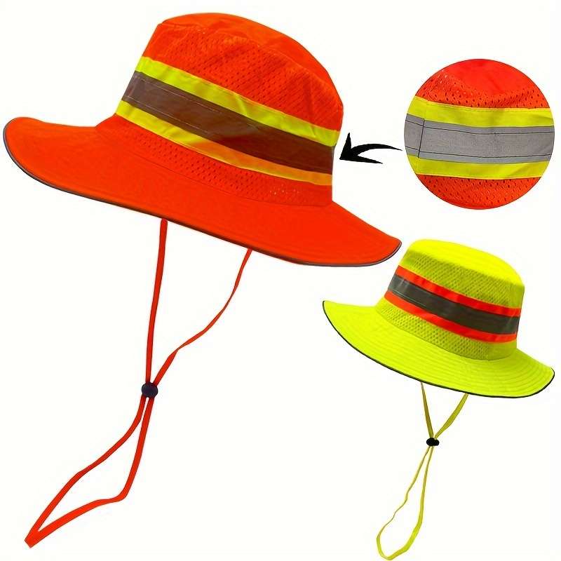 Fluorescent Mesh Bucket Hat With Reflective Strips Windproof Rope Protection Lightweight Su