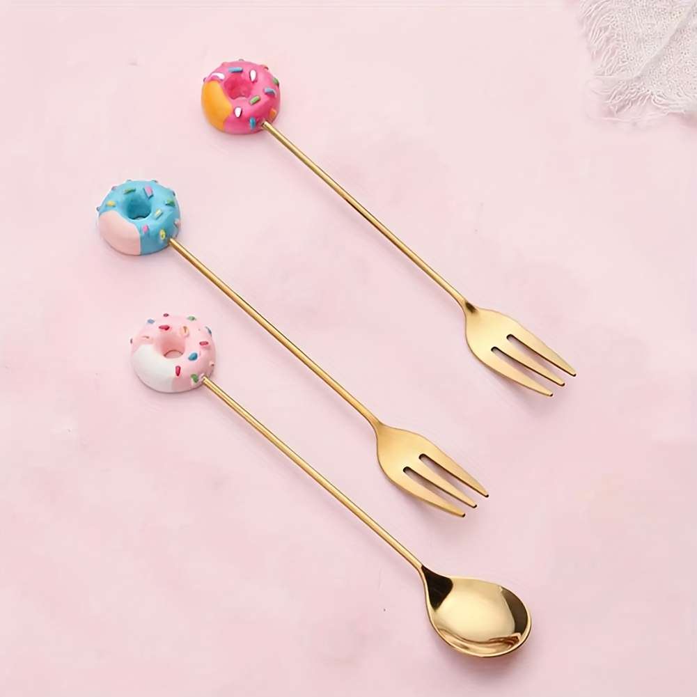 4pcs Cute Donut Theme Stainless Steel Coffee Spoon Fork Elegant Golden Dessert Spoon Fruit