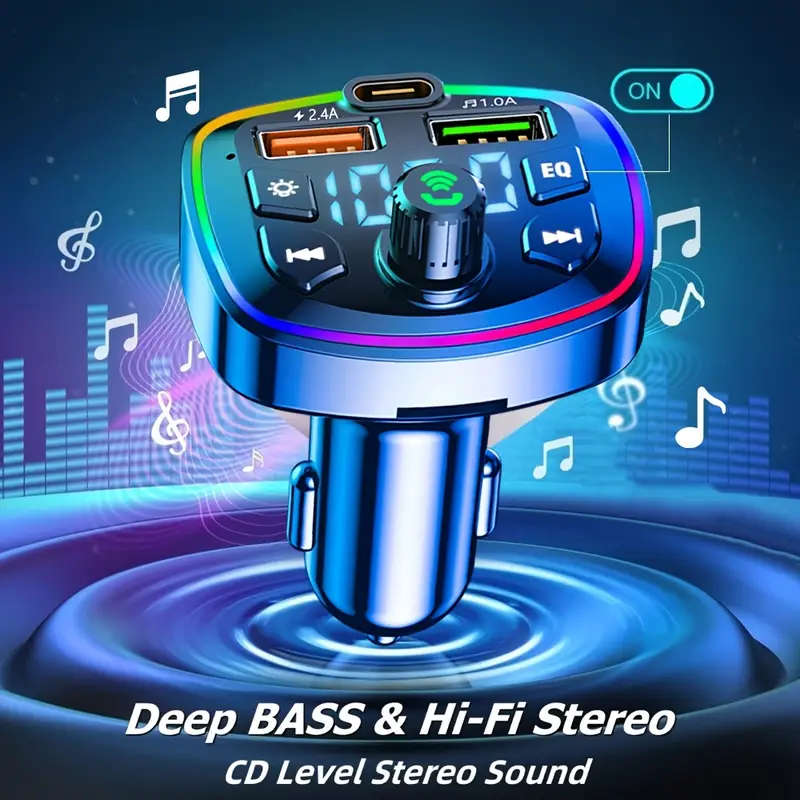 Car FM Transmitter Bluetooth Mp3 Player Car Charger with USB Port and TF Card Slot