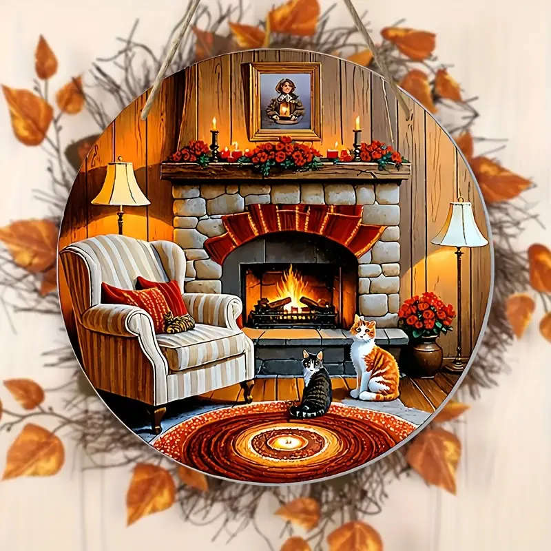 Cozy Fireplace Wooden Wall Art Rustic 2D Printed Hanging Decor With Cats And Garland Ideal