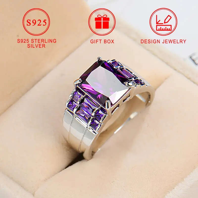 925 Sterling Silver Ring with Square Purple Synthetic Zirconia