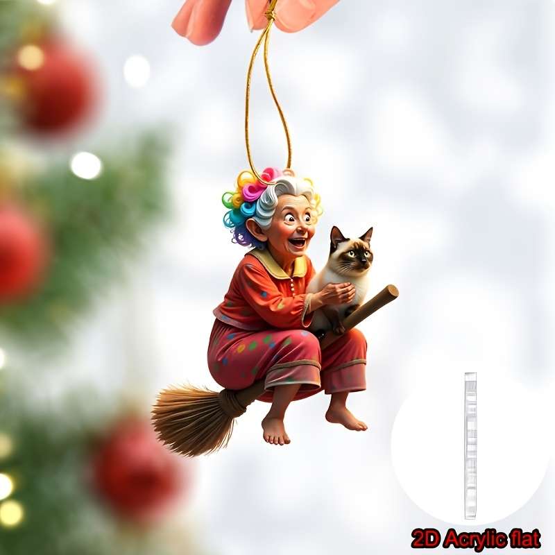 1pc 2D Flat    Whimsical Acrylic Ornament- Grandma on a Broom with a Cat  Perfect for car