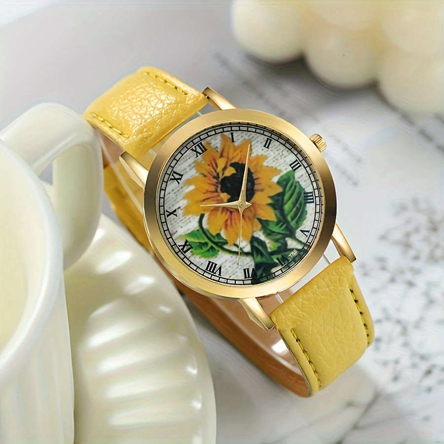 6pcs Set Women's Quartz Watch Set Bracelet Necklace Ring Earrings Jewelry Set Yellow Sunflower Fashi