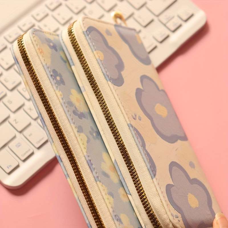 Women'S Fresh Floral Pattern Long Wallet With Large Capacity Multi-Card Slots Coin Purse Car