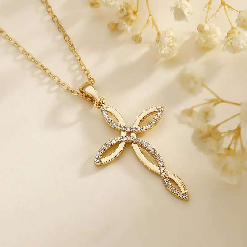 Gem Inlaid Cross Pendant Necklace