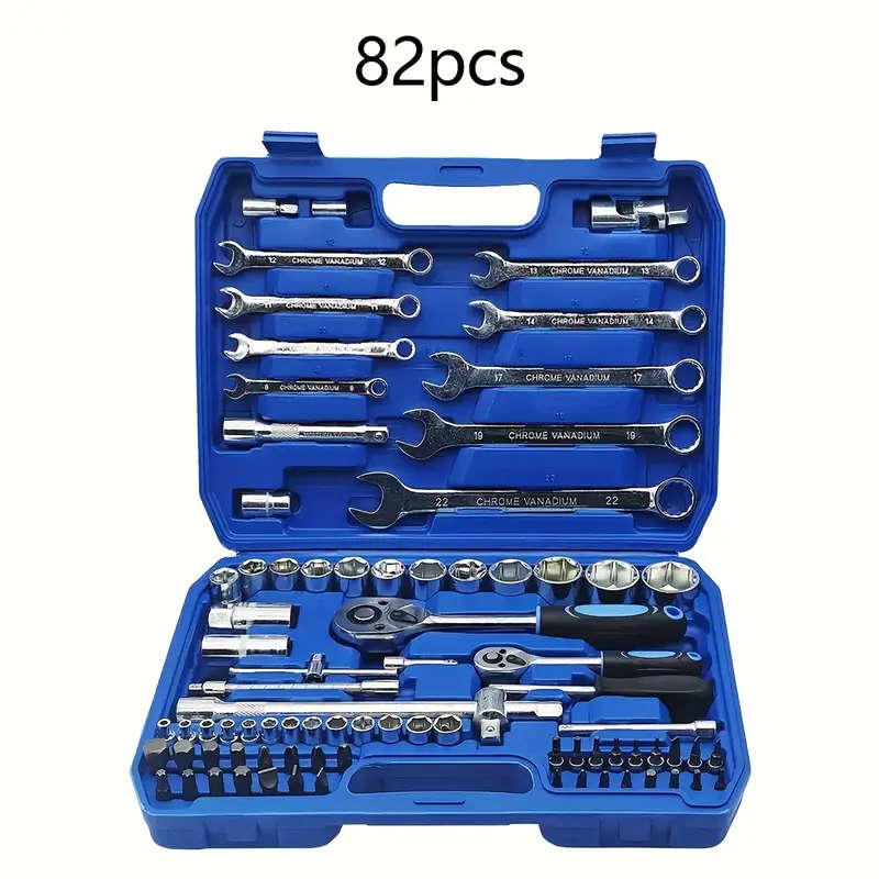 82pcs  Ratchet Wrench and Socket Set, Chrome Vanadium Steel, Multi-Functional Auto Repair Hand Tool