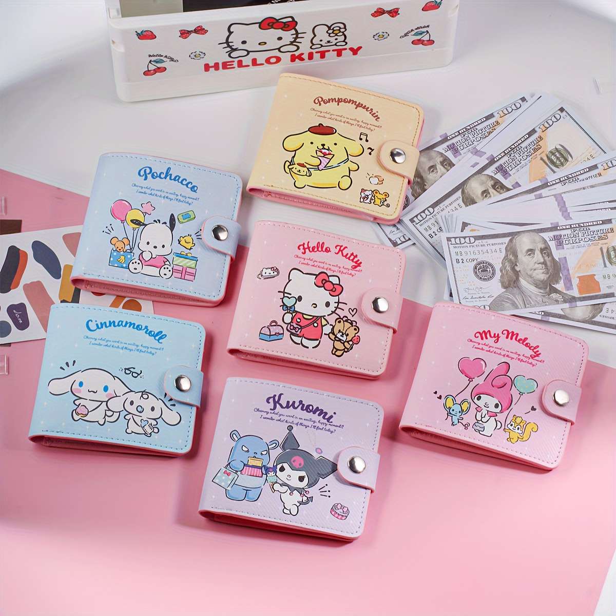 Sanrio Cartoon Cute Wallet Pink Yellow Blue Purple Multi-Compartment Wallet With Button