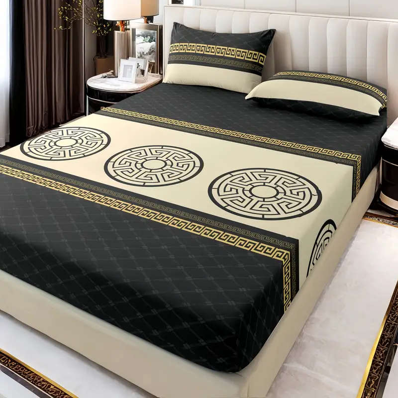 3-Piece Stylish Classic Dark Grey Gold Ring Fitted Sheet Set 200cm*220cm