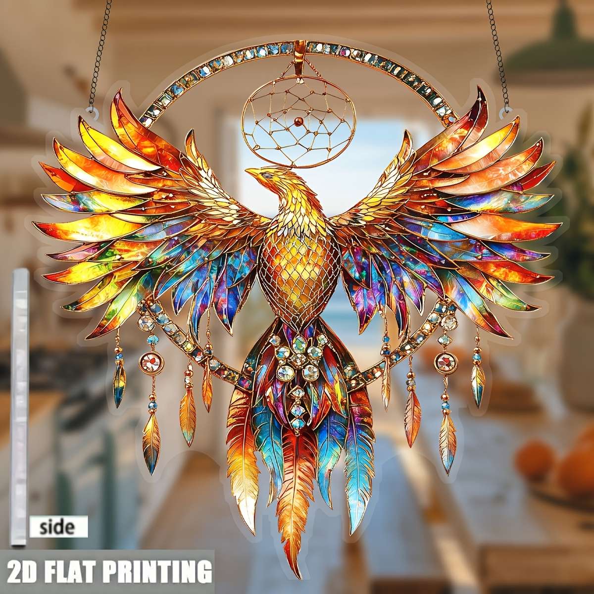 1pc 2D Flat   Painted Fire Phoenix Dreamcatcher Window Hanging Light Catcher a  acry