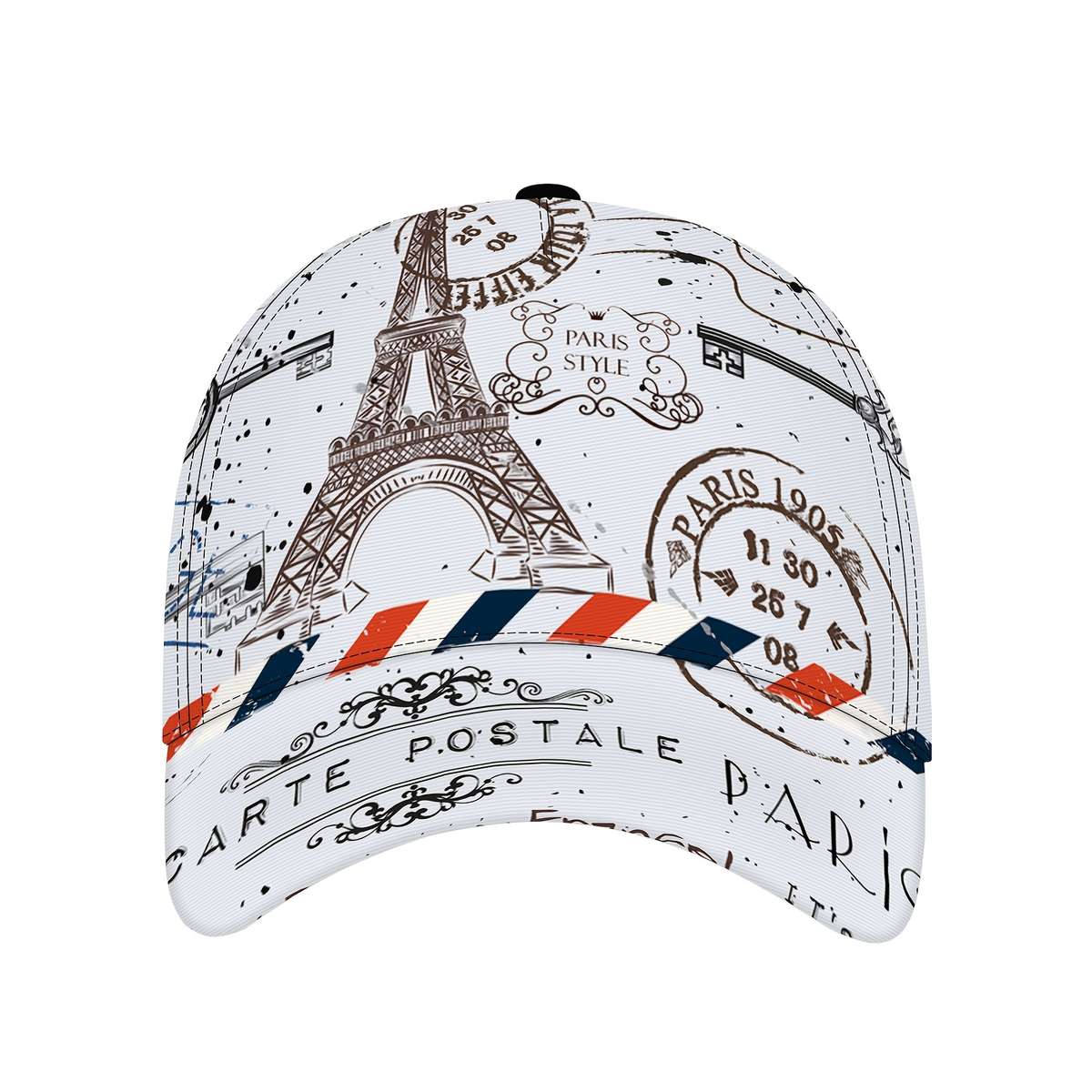 Lightweight Quick-Dry Baseball Cap with Eiffel Tower Postmark Design Sporty Polyester Runni
