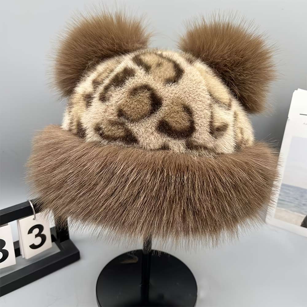 Thick Breathable Faux Fur Leopard Print Beanie With Bear Ears Chic Plush Hat