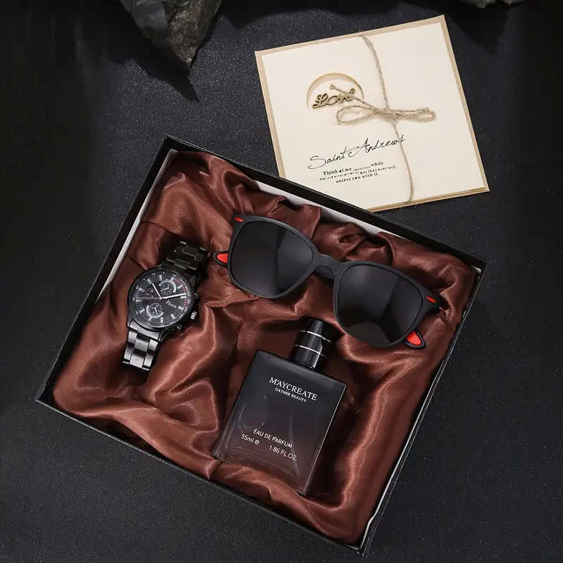 Set of 3 Including a Stylish Men'S Quartz Watch Perfume And Glasses Packaged As a Gift Box Perfect f