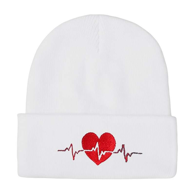 Heartbeat Embroidered Beanie Soft Acrylic Knit Winter Hat Elastic Lightweight Machine