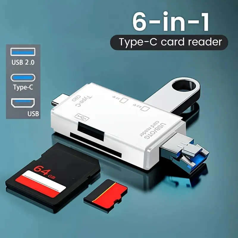 6-in-1 High-Speed Card Reader OTG Converter USB Type-C TF/SD Camera Adapter Plug Play Portable Desig