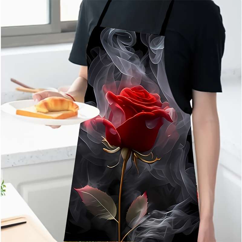 1pc Elegant Red Rose Pattern Polyester Apron Colorful Printed Sleeveless Kitchen Bib with Vib
