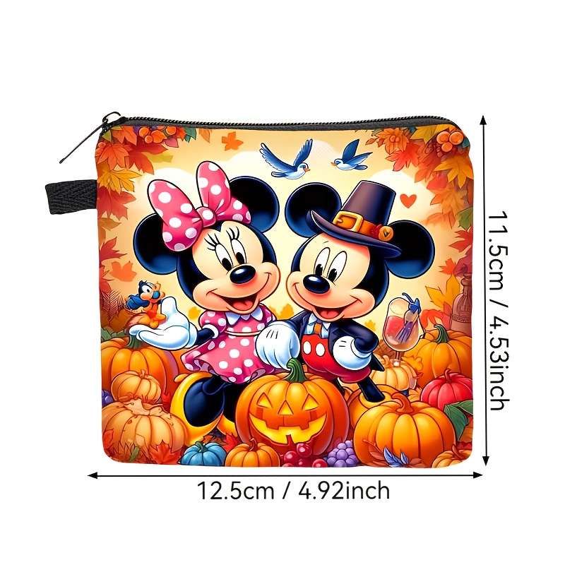 Disney Mickey Minnie Mouse Coin Purse Festive Fall-Themed Design With Pumpkins Apples Au